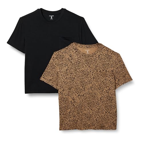 Amazon Essentials T-Shirt Col Rond à Une Poche et Manches Courtes Coupe Décontractée en Jersey Femme, Lot de 2, Brun Léopard/Noir, XS