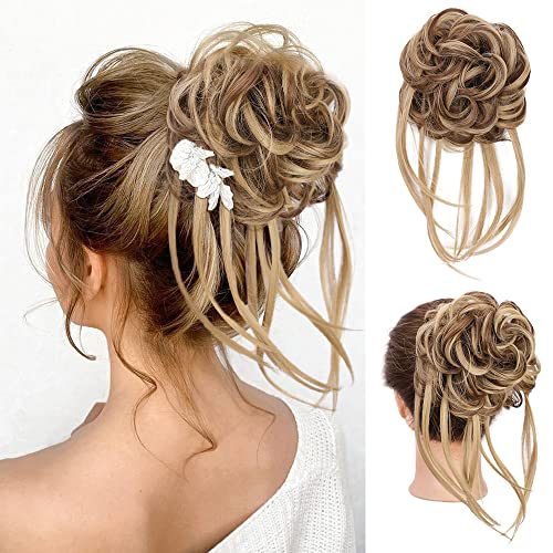 AISI BEAUTY Tousled Updo Messy Bun Scrunchies Hair Bun,Synthetic Wavy Hairpiece Wrap Ponytail with Elastic Hair Band for Women Girls ( Light Brown Mix Natural Blonde)
