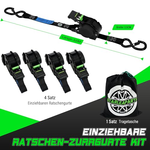 StarLeaparts 4 Stück Automatik Spanngurt mit S Haken, Automatischer Spanngurtaufroller 3,6 m x 25mm, 340KG/680KG, Einziehbare Spanngurte mit Ratsche für Motorrad, Kajak und LKW, Schwarz