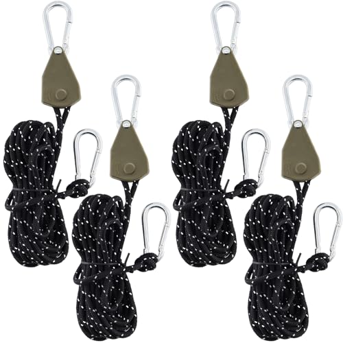 alwaiiz 4 Pièces Réfléchissant Corde à Cliquet, 4m x 4mm Tendeur à Cliquet pour Corde avec Crochet, Convient pour Le Camping en Plein Air, Tentes, Auvents, Capacité de Charge 68 kg(1 Paires), Noir