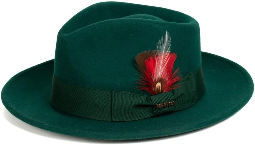Ferrecci Gangster 100% Austrailian Wool Crushable Mens Fedora Hat - Removable Feather Gangster Look Brimmed Mens Fedora Hat