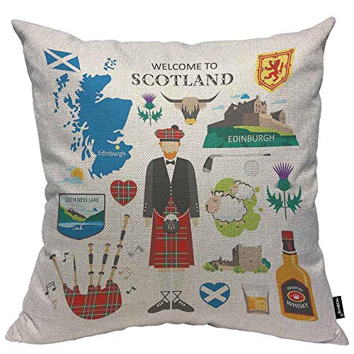 Hosnye Welcome To Scotland Cotton Linen Throw Pillow Case Travel Collection Scotsman Kilt Icon Map Thistle Pillow Cushion Cover Home Sofa Decorative 18X18 Inch #TOP9