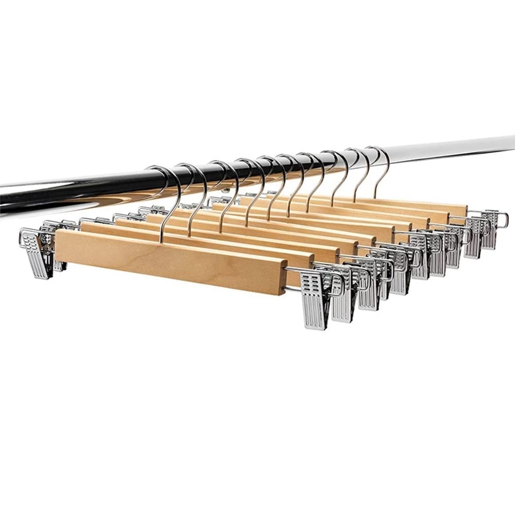 Confezione da 10 grucce in legno per gonne con clip regolabili, antiscivolo, in legno naturale, ganci girevoli a 360°, per armadio nization