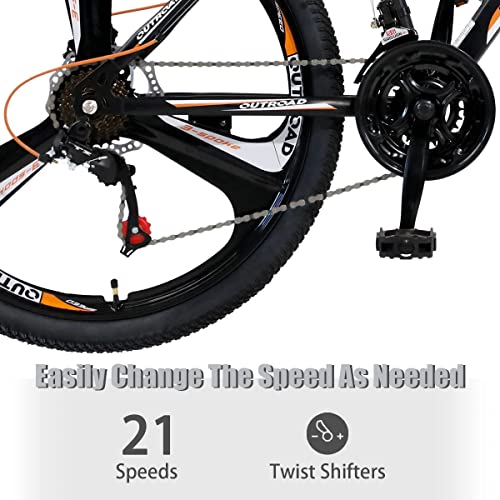 Omelaza 26 Inch Mountain Bike with 21 Speed Gear Shift, 3 Spoke Wheel, Shock Absorption, Anti-Skid Foot, Front and Rear Disc Brakes, High Aluminum Frame, Orange - Thumbnail 3