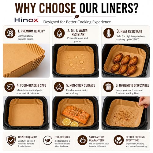Image of HINOX Air Fryer Paper Liners Square Disposable, Non Stick Oil Proof Parchment Sheets, Heat Resistant Food Grade Baking Paper for Cooking & Frying (100 Sheets)