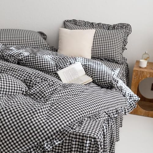 Image of mixinni Black White Gingham Ruffle Duvet Cover Queen Size 3 Pieces - 100% Washed Cotton, Vintage Plaid Ruffled Bedding Set with Zipper Ties, Soft Checkered Grid Farmhouse Chic Comforter Cover Set