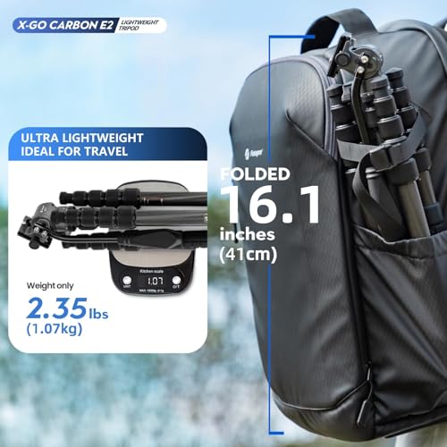 Fotopro 152cm カーボンファイバー製 旅行用三脚、コンパクトカメラ三脚、フルイドヘッド付き、取り外し可能なモノポッド、クイックリリースプレートとバッグ付き、最大8kg対応 ビデオ三脚 X-Go E2 ビデオブラック
