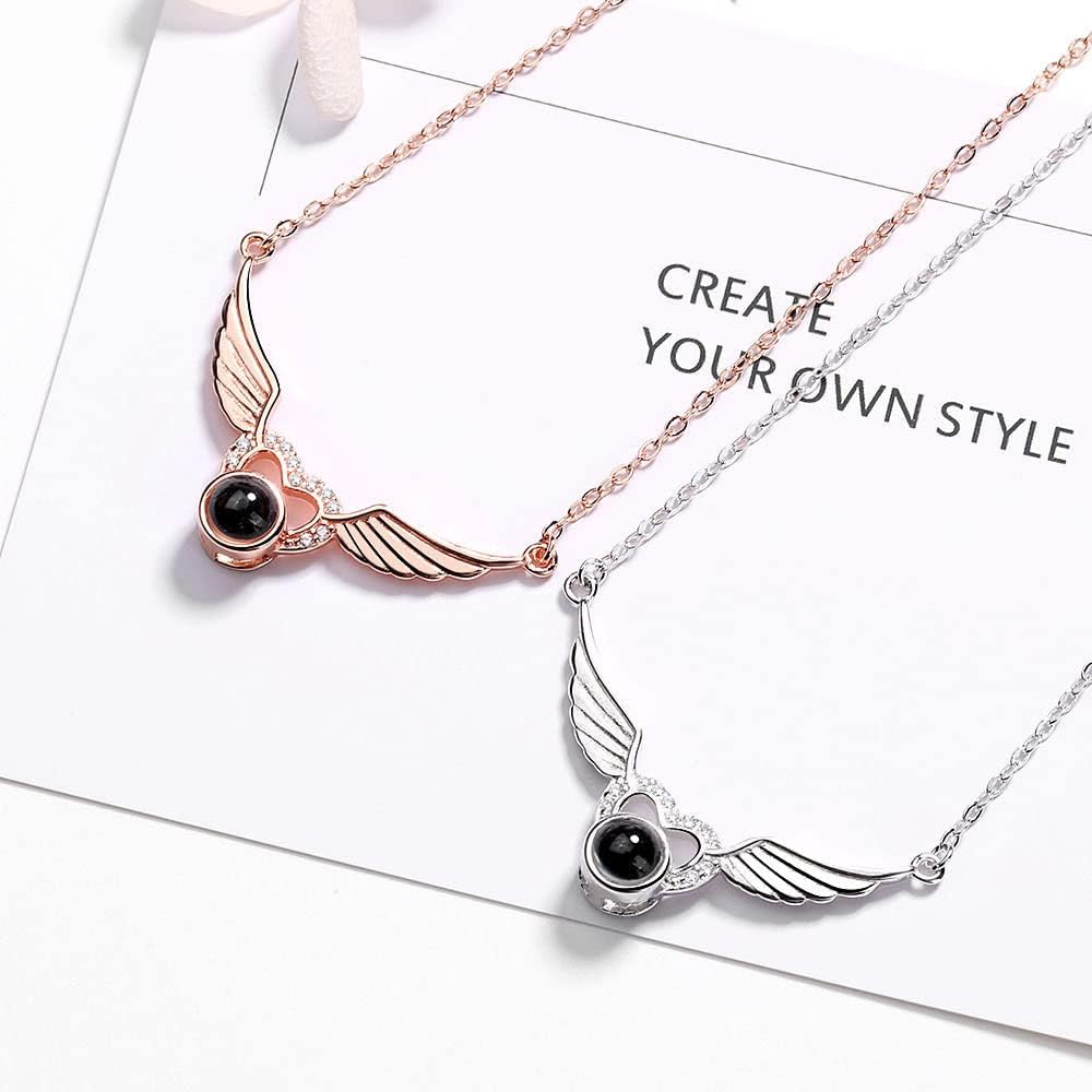 Necklace with Picture Inside Personalized Photo Projection Angel Wing Sterling Silver Pendant Custom Jewelry Birthday Anniversary Memorial Customized Gifts for Women Wife Girls Mom Her