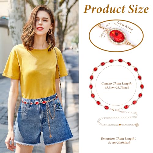 Red Chain Belt, Western Concho Chain Belt for Women Adjustable Vintage Waist Link Belts Cowgirl Turquoise Boho Diamond Gems Glass Diamond Chain Belts for Dresses Jeans2