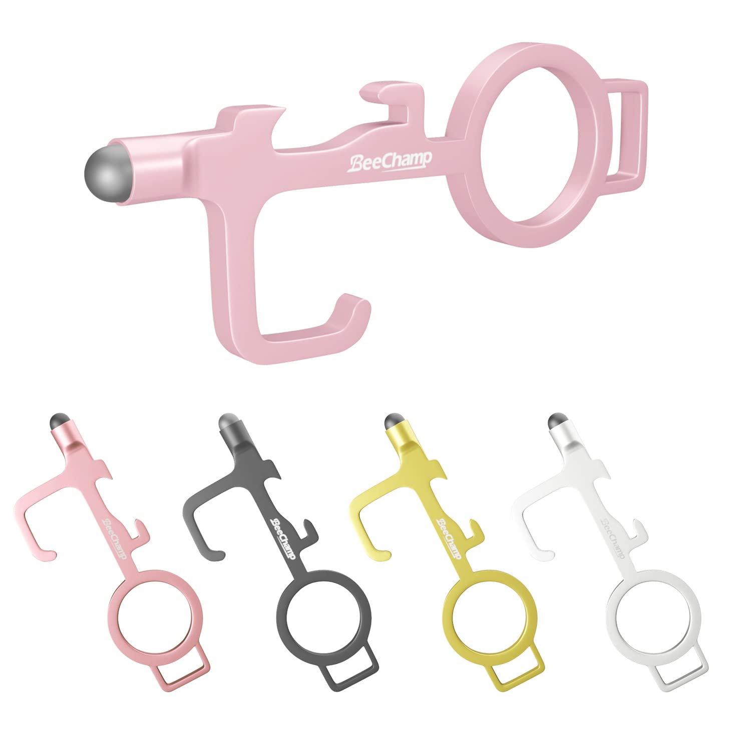 BeeChamp 4pcs Social Distancing Multi-Tool No-Touch Door Bottle Opener Keychain with 2 Spare Stylus Tips for All Capacitive Touchscreens EDC Tool Elevator Button Pusher Family Pack