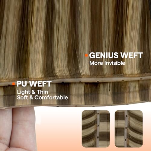 Image of Full Shine Butterfly Weft Hair Extensions Human Hair 20 Inch 100g | Brown Highlights Blonde, Fullness Boost, PU Hole Layer, Straight Natural Look, No Glue No Heat Method