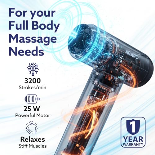 Image of AGARO Imperial Gun Massager | 99-Level Deep Tissue Handheld Massager | 4 Interchangeable Heads, Rechargeable, Relaxation of Neck, Shoulder, Back, Foot for Men & Women, Full Body Relief, Black