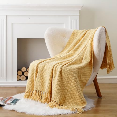 Image of BATTILO HOME Gold Throw Blanket for Couch, Knit Yellow Throw Versatile for Chair, Super Soft Warm Mustard Throw Blanket with Tassels for Twin Bed, Sofa and Living Room, 60 inchx80 inch