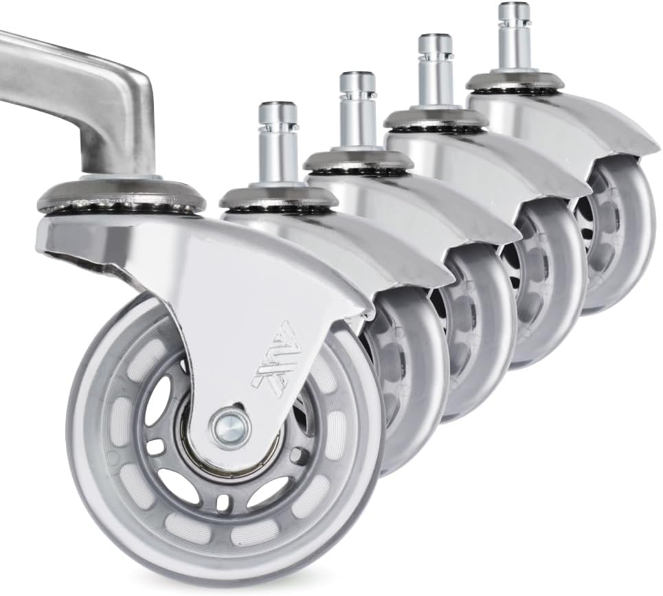 Office Chair Wheels Replacement (Set of 5) - 2.5" Heavy Duty Desk Chair Casters, Quiet Smooth Rolling Thermoplastic Rubber Wheels for Hardwood Floors, Universal Fit (Chrome/Clear)