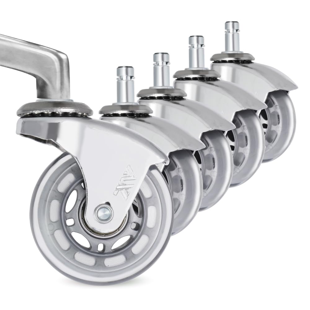 Office Chair Wheels Replacement- 2.5 Inch Heavy Duty Caster Wheels ft. Bend Bracket, Quick & Quiet Rolling Chair Casters (Set of 5), Desk Chair Wheels Universal Fit (Chrome Bracket/Grey/Clear)