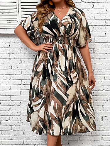 Image of Floerns Women's Plus Size Boho Hawaiian Tropical Dresses V Neck Short Sleeve Floral A Line Long Dress Vacation Beach Outfits