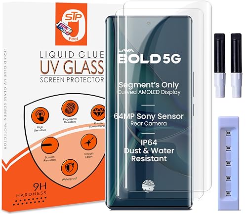 Image of STP FEEL Premium UV Tempered Glass Screen Protector Guard Compatible For Lava Bold 5G (6.67 Inch, Pack of 2) Full Adhesive UV Curved Case Friendly HD Clarity with easy installation kit
