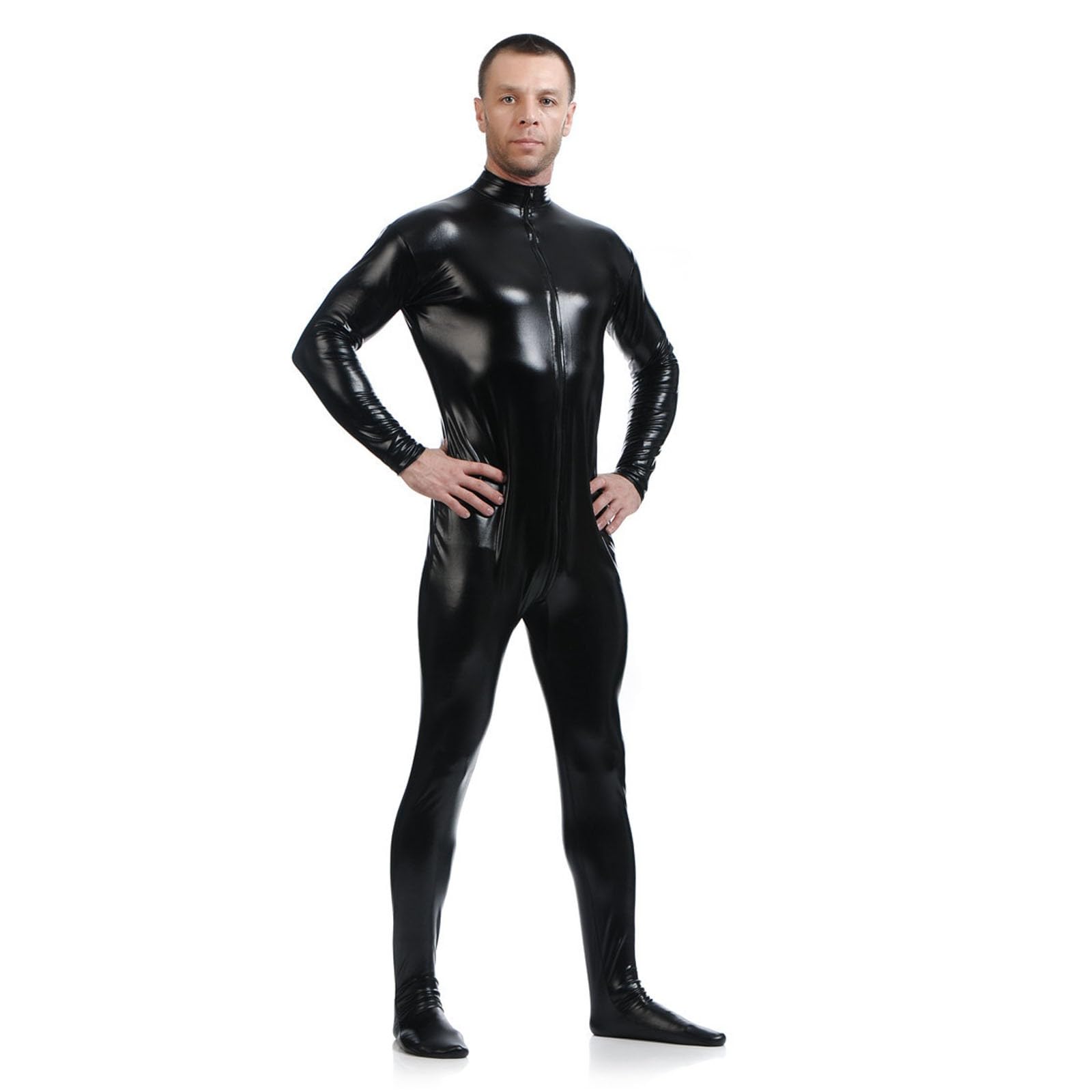 Mono de piel brillante para hombre, diseño sexy de piel de charol y látex, con cremallera, con cremallera, sexy, de charol