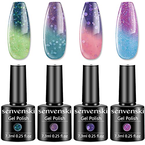 senvenski Color Changing Gel Nail Polish Green Purple Blue Peach Lavender Lilac Glitter Crystal Mood Chameleon Thermal Temperature Girlfriend Gift Set Soak Off UV LED Art Manicure Varnish (WB006)