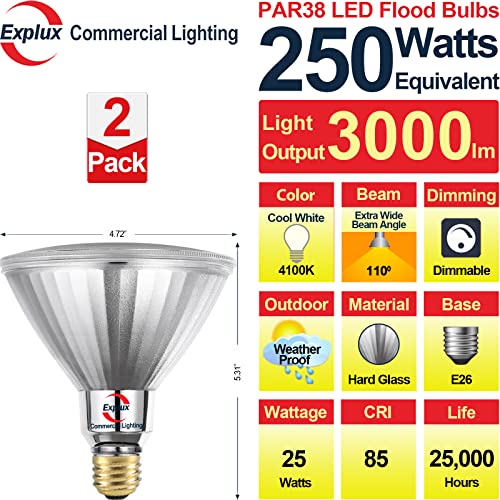 Explux 250 Watt Equivalent PAR38 LED Flood Light Bulb, Super Bright 3000 Lumens, Dimmable, Full-Glass Outdoor Waterproof & Anti-Ageing, 4100K Cool White Spotlight, 2-Pack