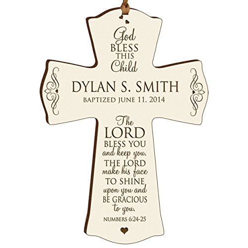 Image of LifeSong Milestones Personalized Baptism 1st Holy Communion Christening Custom Wall Cross Decoration God Bless This Child The Lord Bless You and Keeps You (4.5 inch X 6 inch, White)