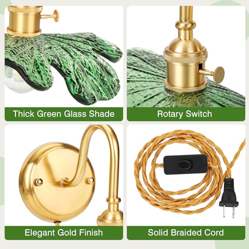 Image of Green Sconce Plug in Wall Sconces Vintage Wall Lamp with Green Glass Shade - Plug in or Hardwired Brass Finish Light Fixture for Bedroom, Living Room, Bathroom Lighting