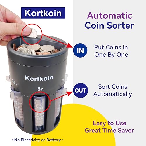 Kortkoin Automatic Coin Sorter 5-in-1 Coin Counter with Coin Wrappers, Sort Your Loose Change in Piggy Bank Coin Jar Quickly as Sorting Machine + Mini Coin Holder for Car Small & Portable for 96pcs