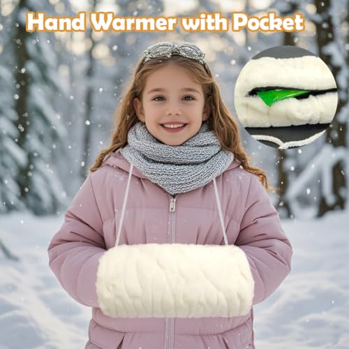 SwirlColor Handmuff Kunstpelz Muff für Warme Hände mit Tasche Riemen Muff Handwärmer Kinder - Weiß Ripple