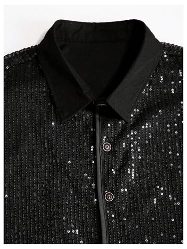 OYOANGLE Men's Sequin Shiny Button Down Shirt Short Sleeve Collared Shirts Party Holiday Tops4