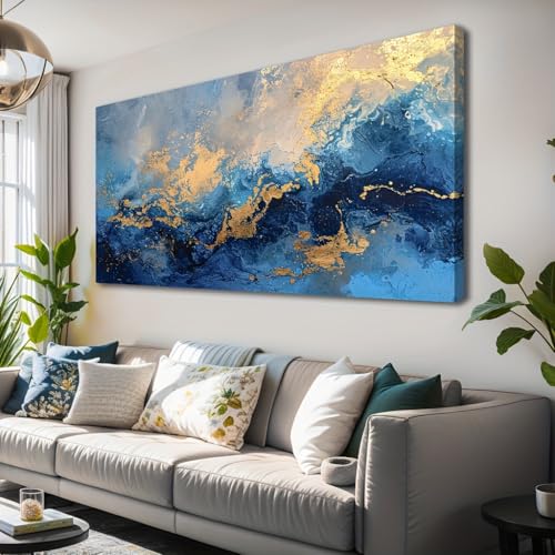Tableau abstrait chic AEFOUU : impression d'art texturée bleu et doré aux finitions soignées