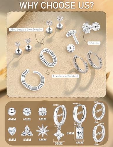 Florideco Hypoallergenic Flat Back Earrings Gold Cartilage Earring Sets for Multiple Piercing Surgical Stainless Steel Earrings for Women Trendy Earring Stacks Small Hoops Flat Back Stud Earrings4