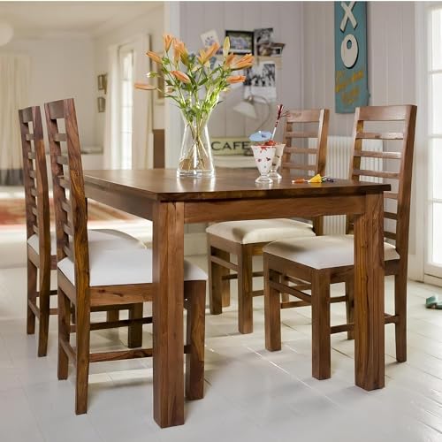 Custom Decor Solid Sheesham Wood Four Seater Dining Table Set with 4 White Colour Cushion Chairs for Dining Room Living Room Home (4 Seater, Seven-Line)