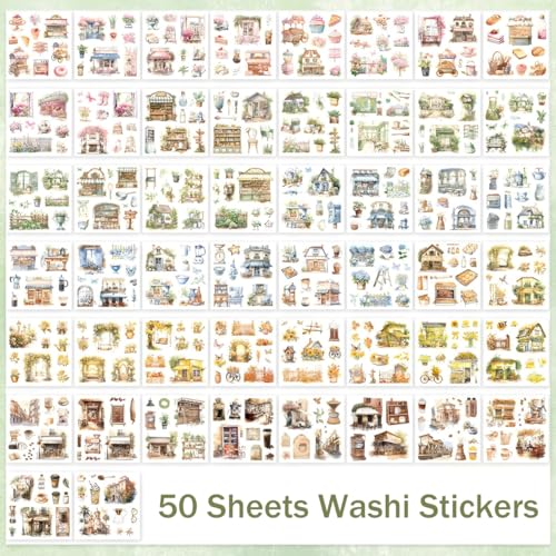 Image of HASTHIP 50-Page Garden Theme Sticker Book, Watercolor Floral & Vintage Countryside Die Cut Washi Stickers for Scrapbooking, Junk Journals, Planners, Card Making & DIY Crafts