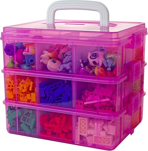 Image of UCRAVO 1 PCS Plastic 3-Layer Jewelry Organizer Box with 18 Adjustable Dividers, Clear Transparent Storage Box with Collapsible & Removable Dividers, Stackable Toy Organizer Storage Case (PINK)