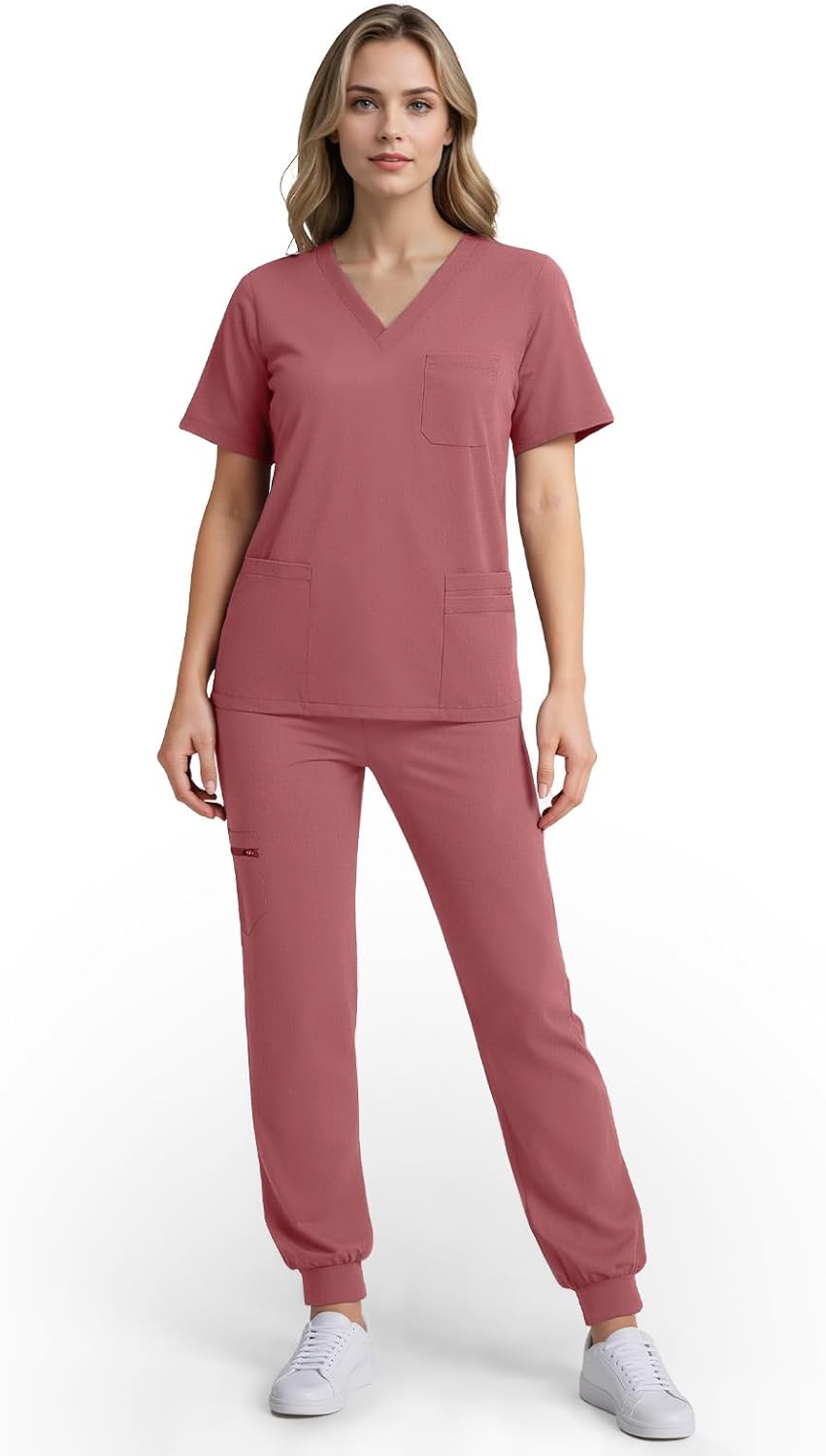 Scrubs for Women Set, Stretchy V-Neck Top & Jogger Pants with Multi-Pocket Yoga Waistband
