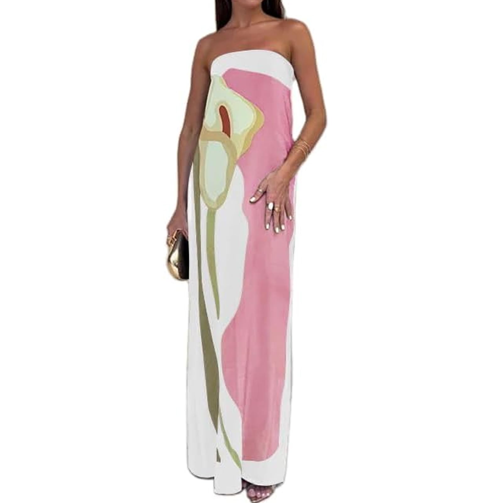 RUIBBWAN Vestido largo sin tirantes para mujer, vestido largo de verano, ajustado, vestido de tubo, floral, sin espalda, para salir, bohemio, playa, fiesta