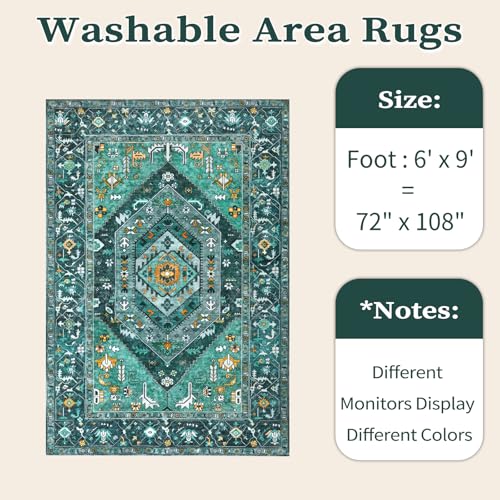 SERISSA Washable Rugs 6x9 Area Rugs, Large Non-Slip Boho Living Room Teal Rug, Ultra Soft Vintage Print Distressed Oriental Tribal Farmhouse Carpet for Dining Room Bedroom Dorm Office Home Decor