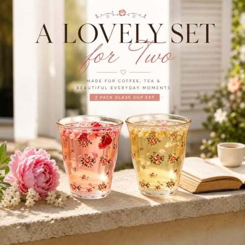 Weinning Beinny 2-Pack Floral Glass Tea Cups, Pink Rose Glass Coffee Cups, Vintage Flower Drinking Glasses Set, Cute Aesthetic Glassware, Tea Cup Gift for Women, Mom, Sister, Friends by Weinning Beinny - Used condition - Image 3