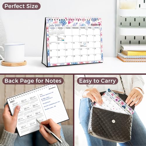 Image of CRANBURY Small Desk Calendar 2026-2027 Standing Flip, July 2026 to Dec 2027, 8x6 Desktop Calendar with Stickers, 18 Months Desk Planner for School & Office, Spiral Bound, Floral Design