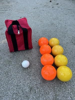 BuyBocceBalls Listing - Made in USA, Premium Quality Tournament Bocce Set - 110mm Orange and Yellow Balls, Nylon Bag, 998 Grams (2 lbs. 3.2 oz.). Various Bag Colors