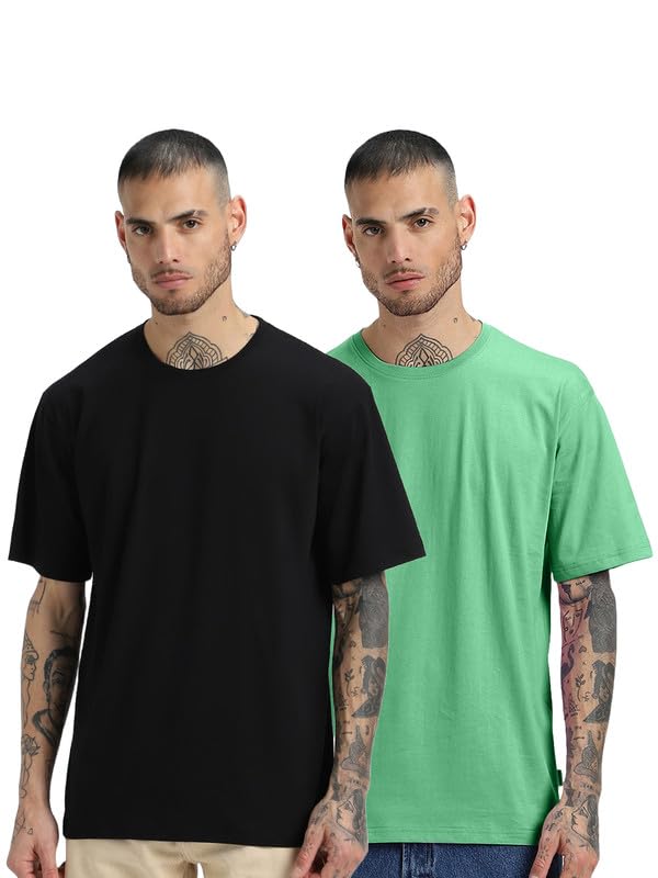 Image of Veirdo Solid Oversized 100% Pure Cotton Combo T-Shirt for Men & Boys (Half Sleeves, Round Neck, Drop Shoulder, Baggy Fit, Pack of 2, Available in S to 2XL
