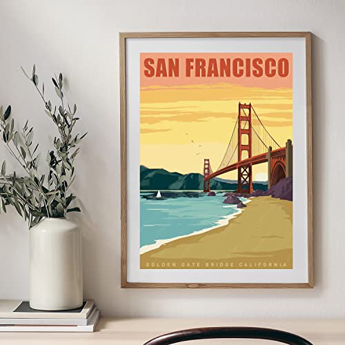 Gaeaverse San Francisco California Golden Gate Bridge American City Landscape Decorative Paintings Vintage Travel Poster Retro Wall Sticker Art Print Home Decoration (12X18 Inch) #TOP3