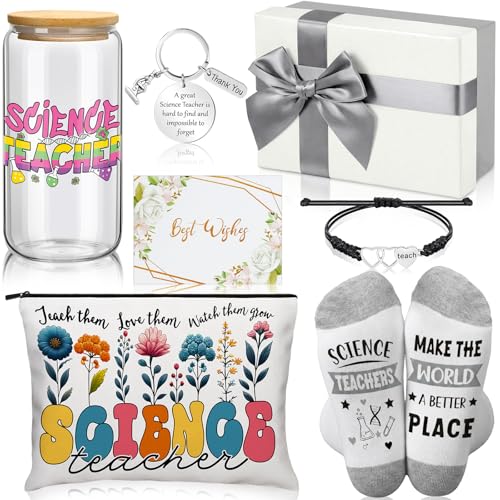 Remerry 7 Pcs Science Teacher Appreciation Gifts Include 16 oz Glass Cup Cosmetic Bag Socks Keychain Bracelet Card and Gift Box Ideas Thank You Basket for Science Teacher from Students