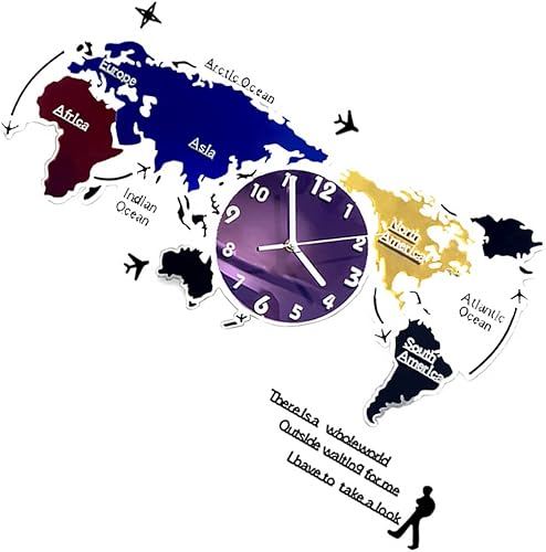 Wakauto Norse Decor - Reloj de pared de metal grande para colgar en la pared, mapa del mundo, decoración de arte moderno, reloj de pared silencioso