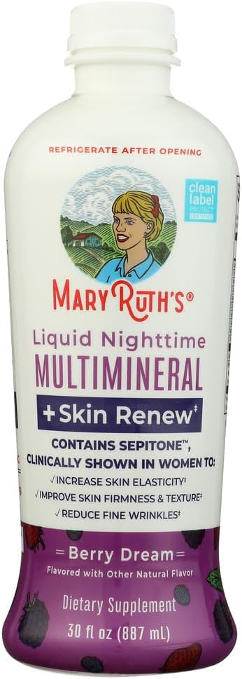 MaryRuth's Liquid Nighttime Liquid Multimineral + Skin Renew | Clinically Shown in Women to Reduce Fine Wrinkle & Improve Skin Firmness | Sepitone | NO Melatonin | Magnesium | Vegan | 30 Servings