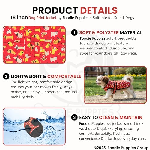 Image of Foodie Puppies Dog Winter Jacket - (Dog Printed, 18 Inch) for Small Dogs | Ultra Warm Waterproof & Windproof Coat | Adjustable Velcro Closure, Washable Vest for Cold Weather I