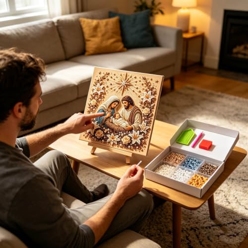 Jesus Pearl Art Kit, DIY Kits for Adults Bead Wall Painting 3D Religious Artwork Craft Prayer Corners Handmade, Kit for Wall Decor, Faith Home Decor, Religious Gift (Beige)