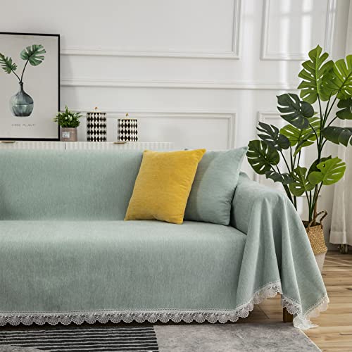 Bestdesil Light Green Couch Covers, Chenille Couch Covers For 3 Cushion Couch Sofa, Sectional Couch Cover For Dogs Cats, Boho Aesthetic Couch Cover With Lace Edge, 71" X 134" #TOP5