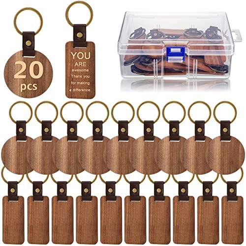 20 Pcs Wooden Keychain Blanks Wood Laser Engraving Blanks Keychain Leather Strap Keychain Unfinished Rectangle Round Wood Keyring with Storage Container for DIY Employee Coworker Gifts Craft Supplies