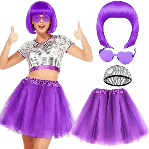 PLULON Purple Bob Wig Tutus Heart Sunglasses for Women Costume Colored Funny Bob Wigs 80s Puffy Tulle Skirt for Birthday Sister Gathering Bachelorette Mardi Gras Party Stage Musicals
